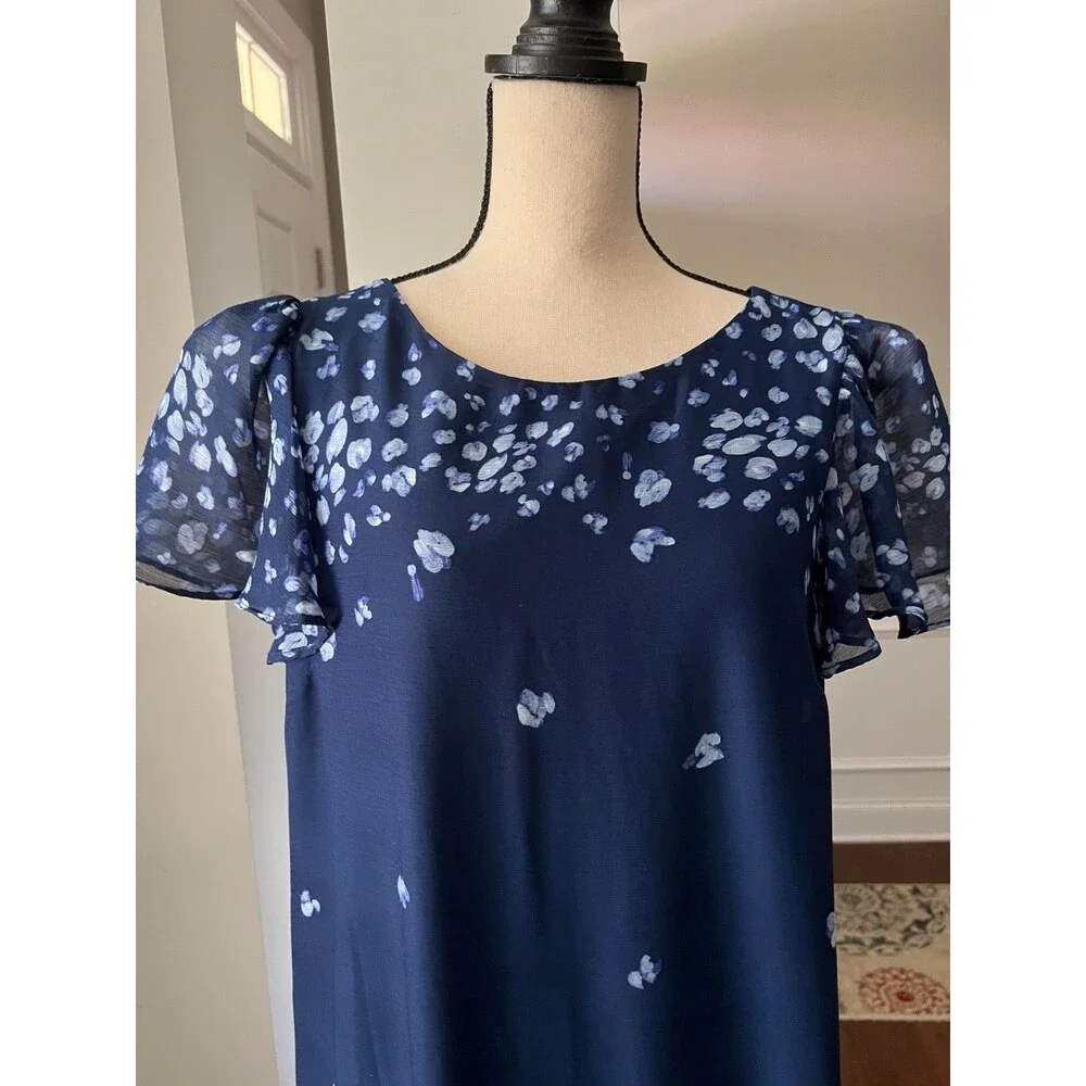DKNY Flutter Sleeve Sheath Dress w/Ruffle Hem Navy Blue Floral Sz 12